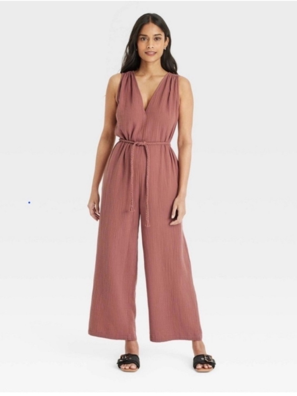 Sleeveless V-Neck Wide-Leg Jumpsuit Dusty Rose Gauze Cotton M NWOT
